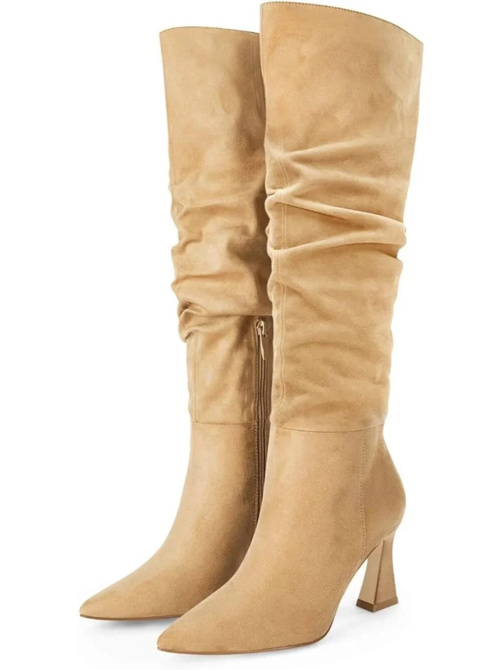 Women's Khaki Suede Wide Calf Pointed Toe Side Zipper Slouchy Knee High Boots